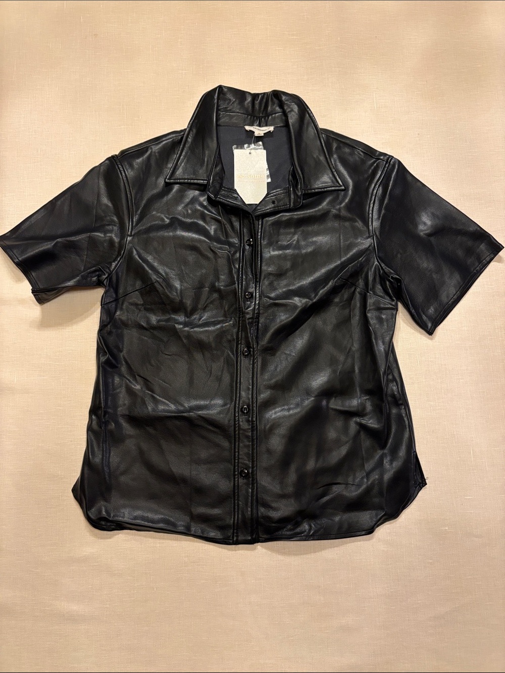 eesome Black Short-Sleeve faux Leather Button-Down Shirt